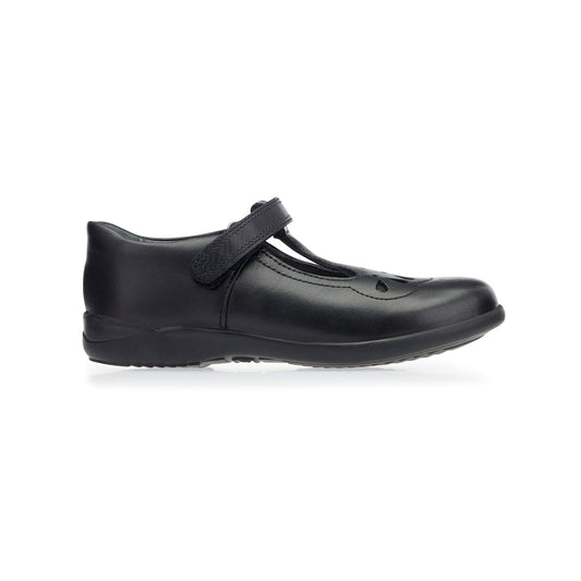 A girls T-Bar school shoe by Start-Rite, style Poppy, in black leather with velcro fastening and cut out tear drop detail to upper. Right side view.