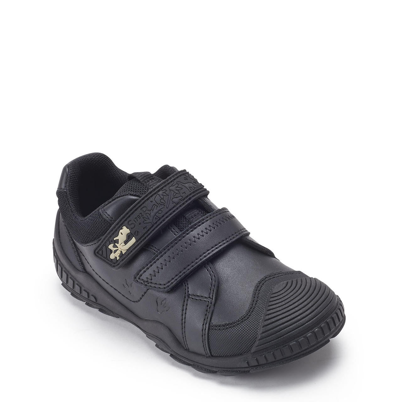A boys school shoe by Start-Rite, style Rumble in black leather with dino detail and toe, heel and side bumpers. Angled view.