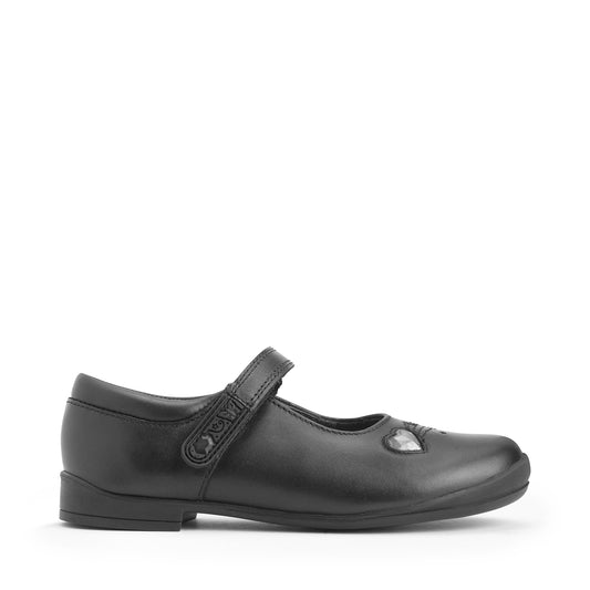 A girls Mary-Jane shoe by Start-Rite, style Startdust, in black leather with heart detail and velcro fastening. Right side view.