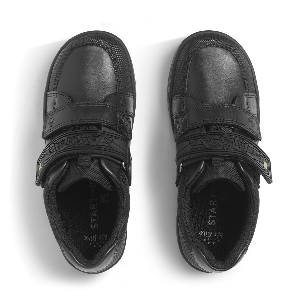 A pair of boys school shoes by Start-Rite, style Spider Web, in black leather with toe bumper and spider motif. View from above.