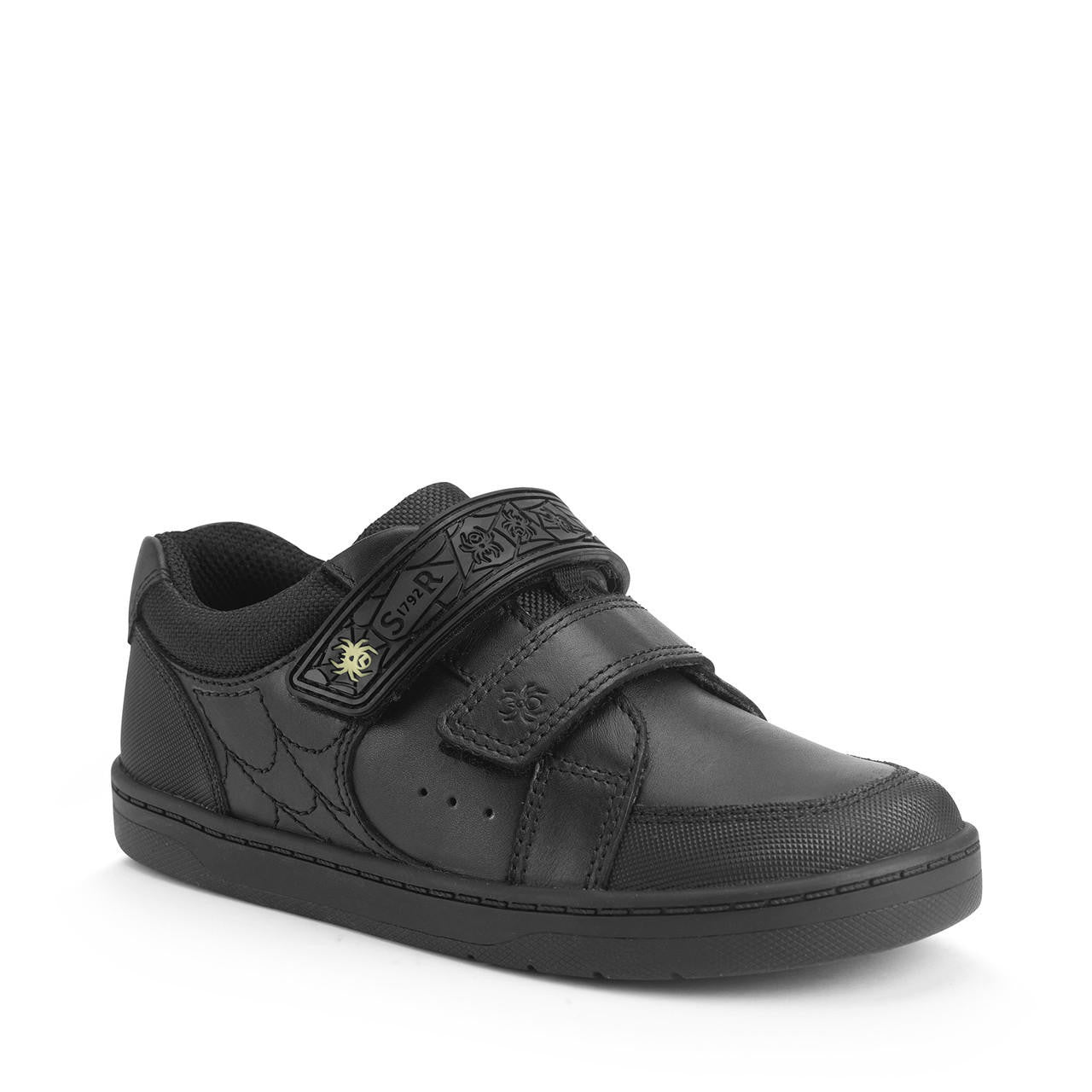 A boys school shoe by Start-Rite, style Spider Web, in black leather with toe bumper and spider motif. Angled view.