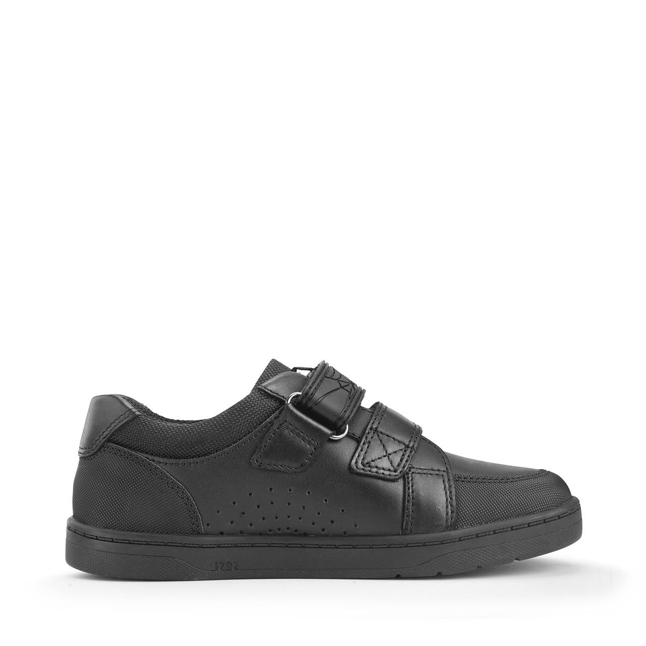 A boys school shoe by Start-Rite, style Spider Web, in black leather with toe bumper and spider motif. Left side view.