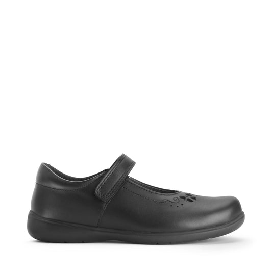 A girls Mary Jane school shoe by Start-Rite, style Glisten, in black leather with velcro fastening and cut out bow detail to upper. Right side view.