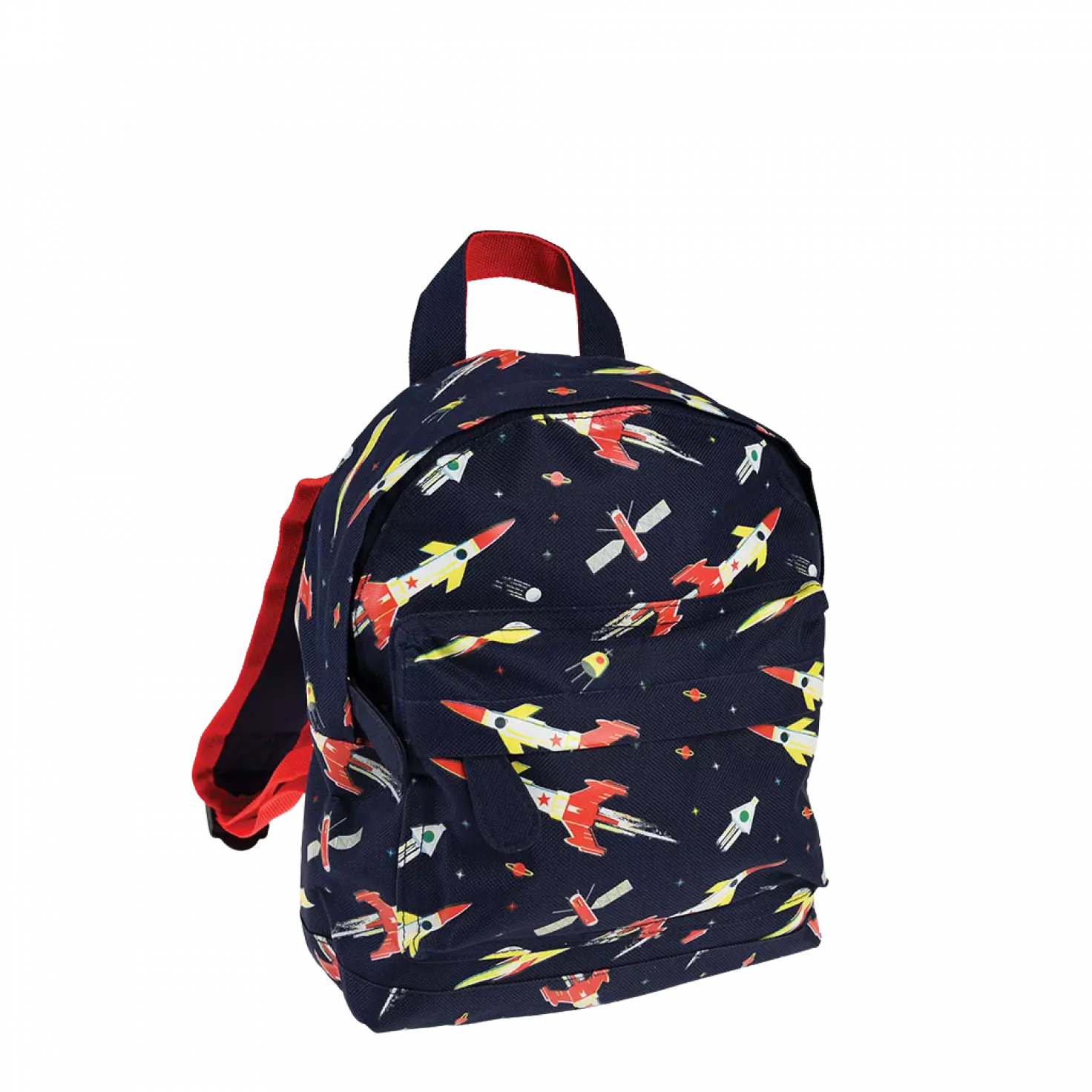 A childs backpack by Rex London, style Space Age, in blue with multi rocket print, two compartments and zip fastenings. Angled view. 