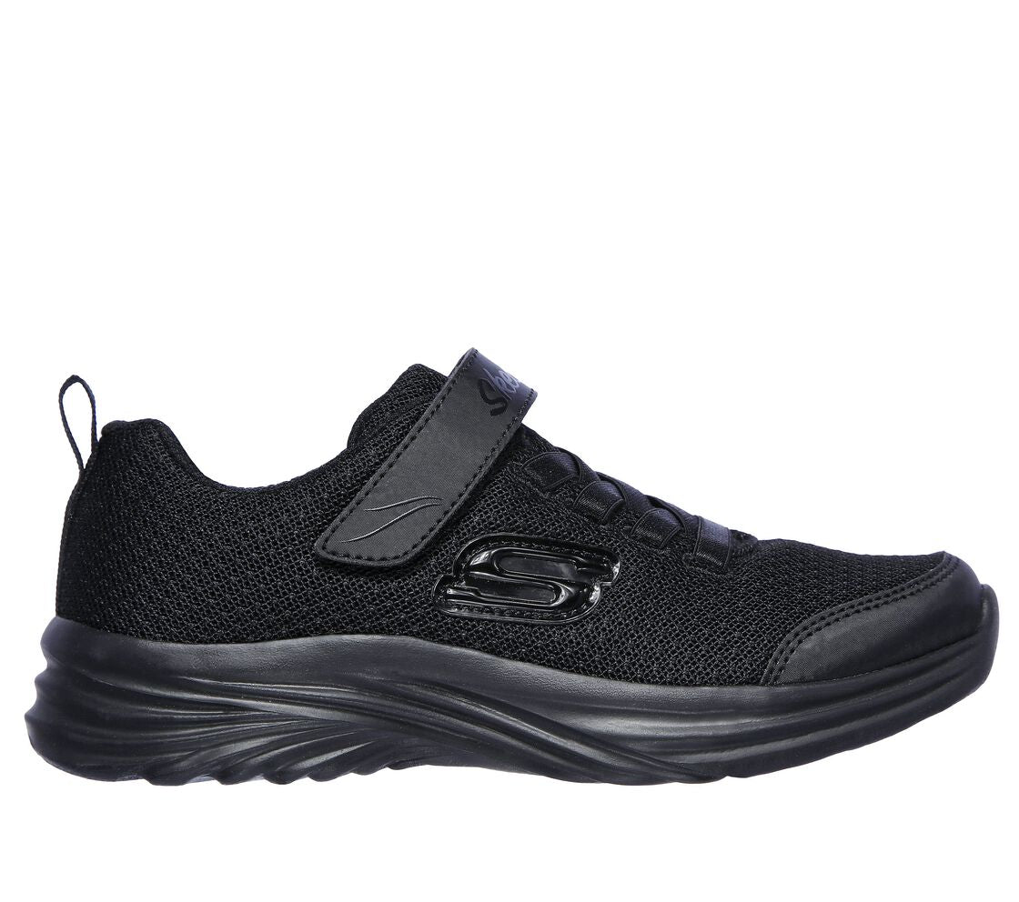 A girls trainer by Skechers, style Dreamy Dancer Miss Minamilstic, in black with ribbon elastic laces and velcro fastening. Right side view.