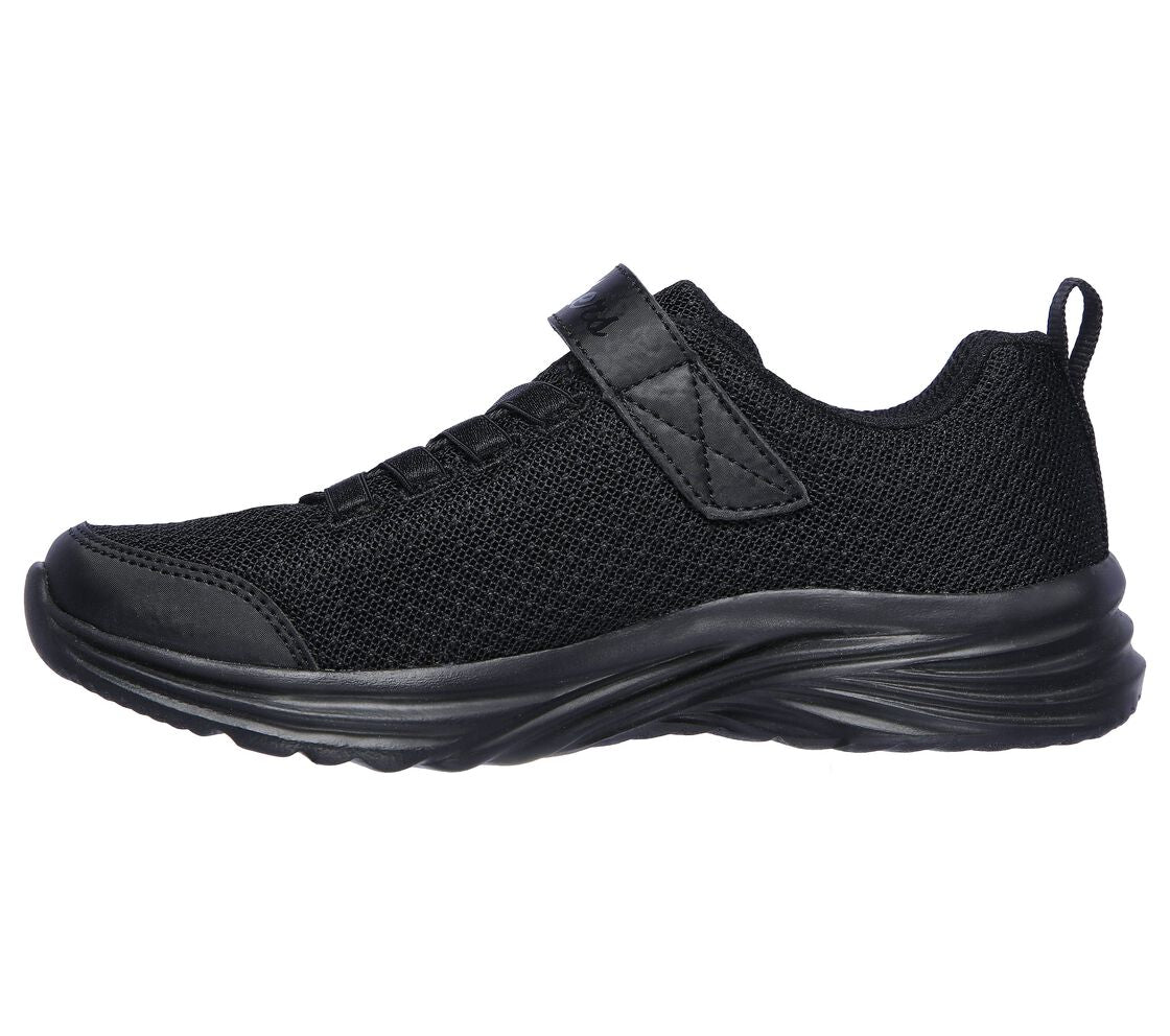 A girls trainer by Skechers, style Dreamy Dancer Miss Minamilstic, in black with ribbon elastic laces and velcro fastening. Left side view.