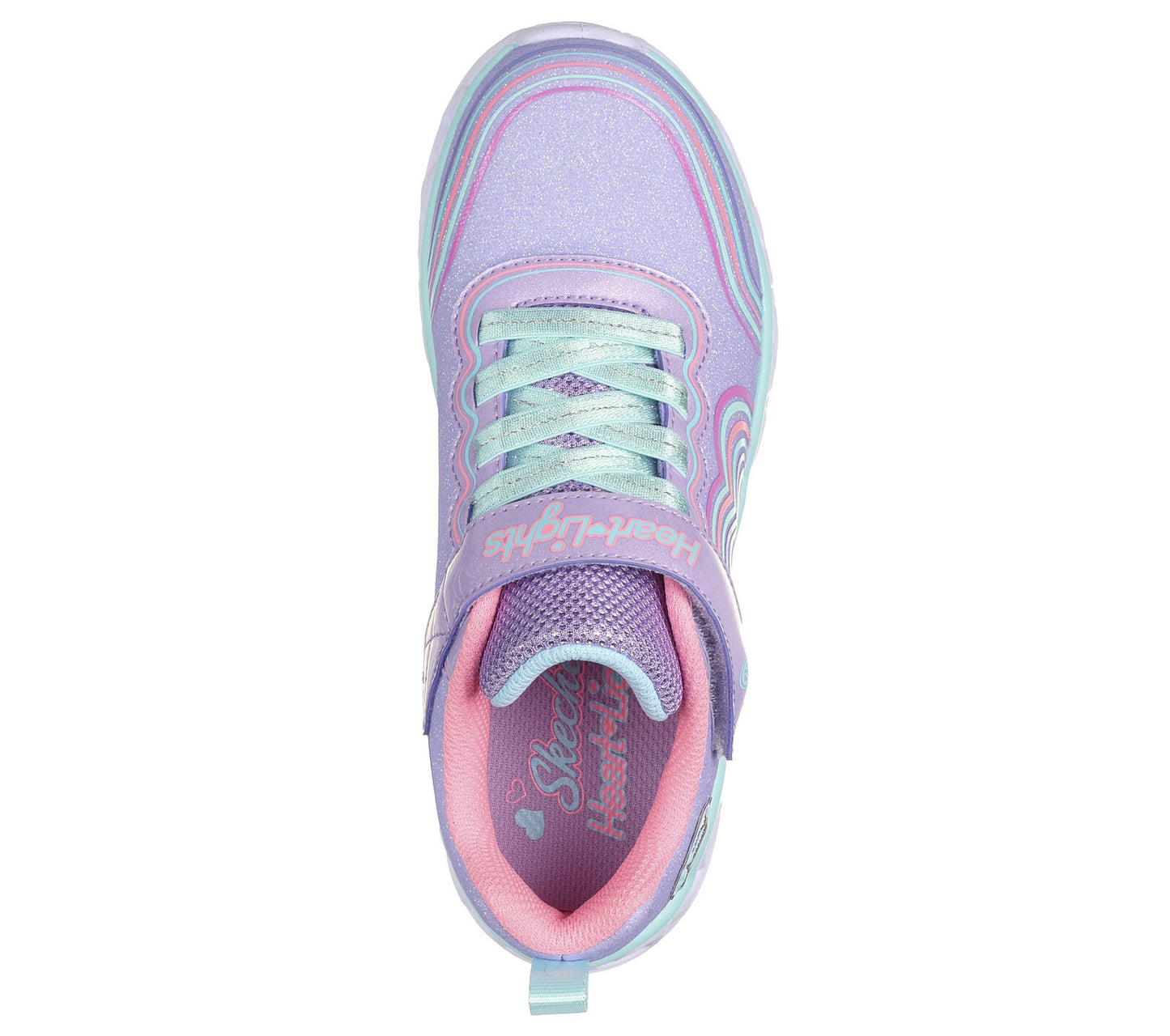 Skechers  S Lights Retro Hearts in lavender with a multi coloured swirl pattern round the upper. Lights along the  heart sole unit and the Skechers branding. Velcro fastening with flat stretch bungee laces. Top view.