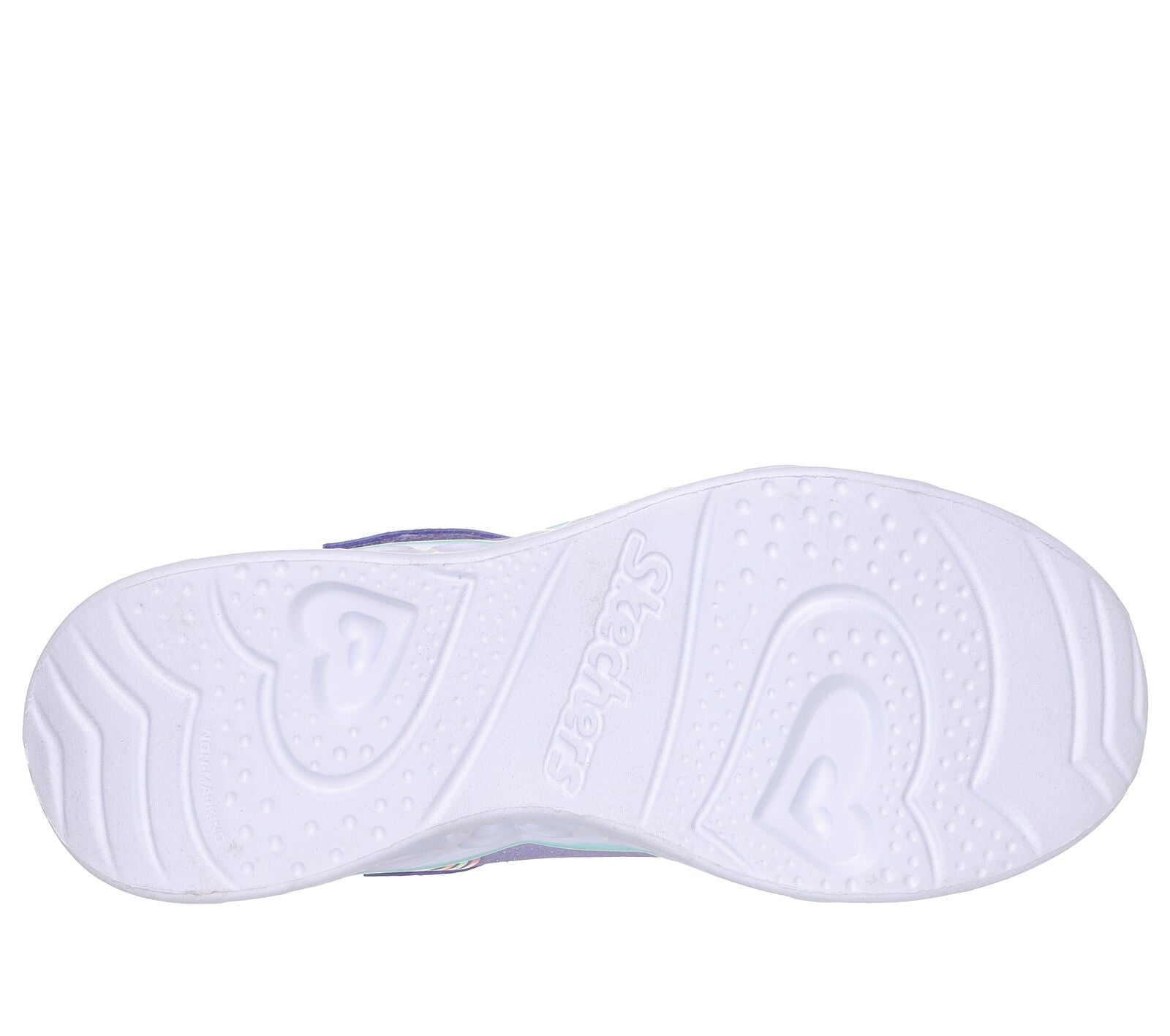 Skechers  S Lights Retro Hearts in lavender with a multi coloured swirl pattern round the upper. Lights along the  heart sole unit and the Skechers branding. Velcro fastening with flat stretch bungee laces. Sole view.