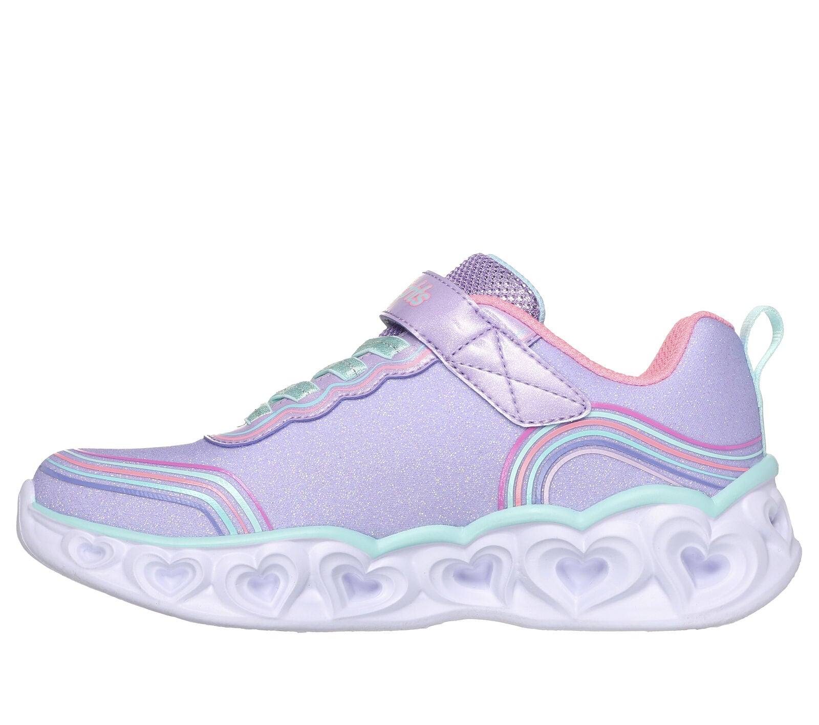 Skechers  S Lights Retro Hearts in lavender with a multi coloured swirl pattern round the upper. Lights along the  heart sole unit and the Skechers branding. Velcro fastening with flat stretch bungee laces. Left side view.