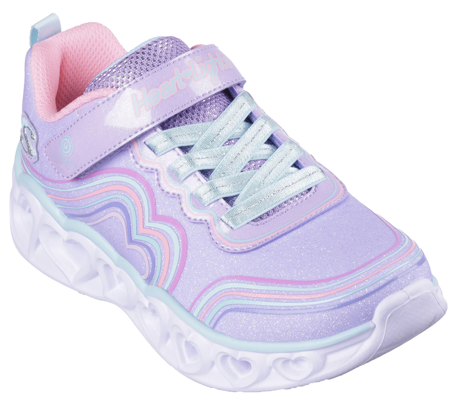 Skechers  S Lights Retro Hearts in lavender with a multi coloured swirl pattern round the upper. Lights along the  heart sole unit and the Skechers branding. Velcro fastening with flat stretch bungee laces. Angled view.