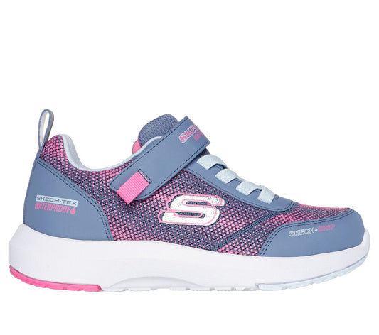 A girls waterproof trainer by Skechers, style Dynamic Tread Journey , in pink and charcoal synthetic with bungee lace and velcro fastening. Right side view.