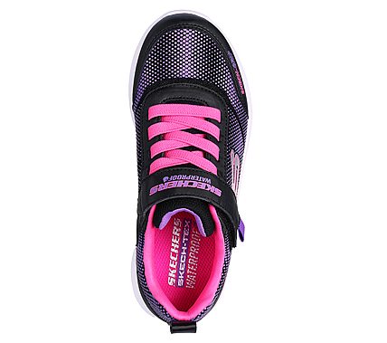 A girls waterproof trainer by Skechers, style 303387L Dynamic Tread Journey Time, in black, pink and purple with elastic lace and velcro fastening.  View from above.