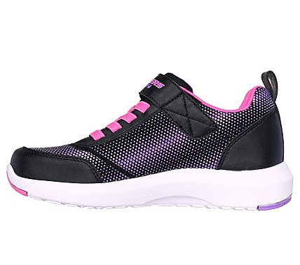 A girls waterproof trainer by Skechers, style 303387L Dynamic Tread Journey Time, in black, pink and purple with elastic lace and velcro fastening.  Left side view.