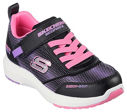 A girls waterproof trainer by Skechers, style 303387L Dynamic Tread Journey Time, in black, pink and purple with elastic lace and velcro fastening. Angled view. 
