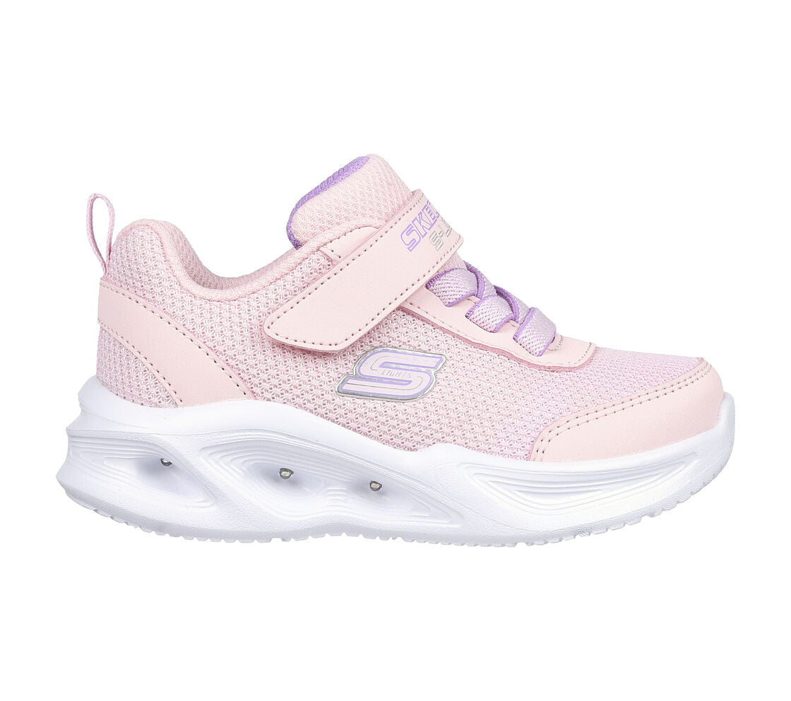 A girls pink light up trainer by Skechers S Lights, style Sola Glow 303715N, in pink with elastic lace and velcro fastening. Right side view.
