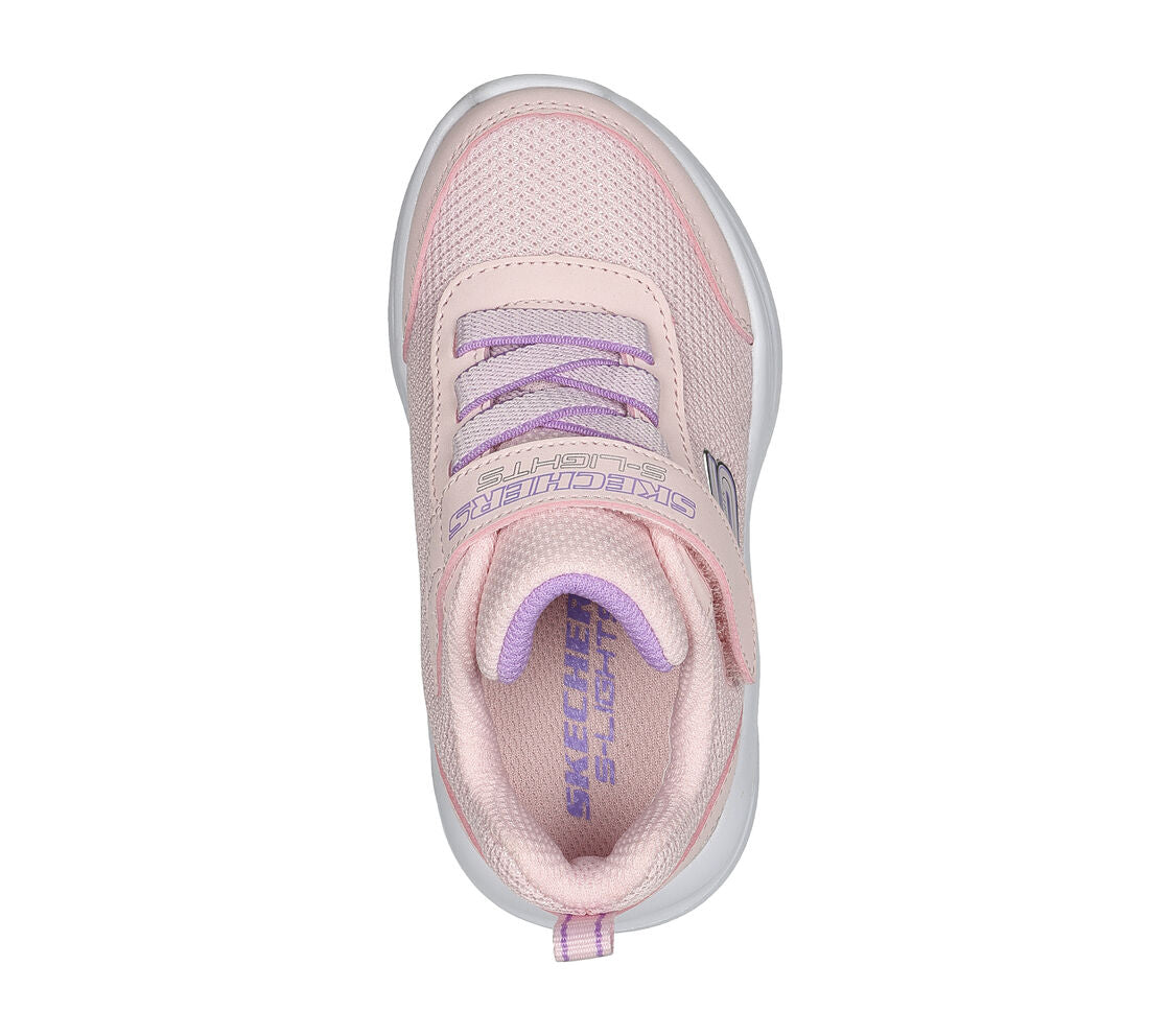 A girls pink light up trainer by Skechers S Lights, style Sola Glow 303715N, in pink with elastic lace and velcro fastening. Above view.