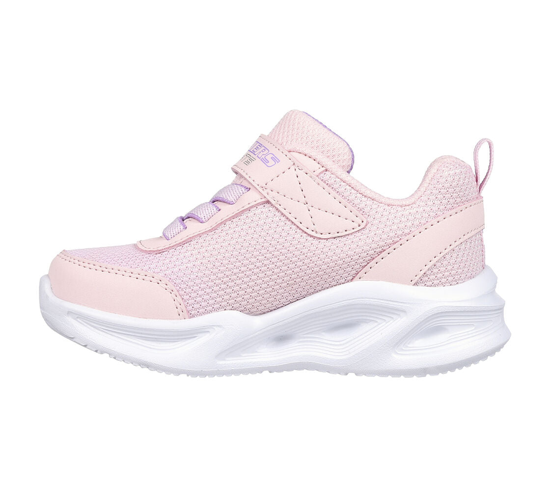 A girls pink light up trainer by Skechers S Lights, style Sola Glow 303715N, in pink with elastic lace and velcro fastening. Left side view.