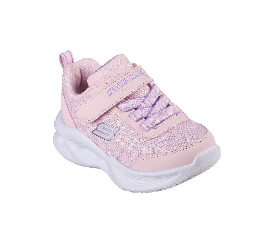 A girls pink light up trainer by Skechers S Lights, style Sola Glow 303715N, in pink with elastic lace and velcro fastening. Angled view.