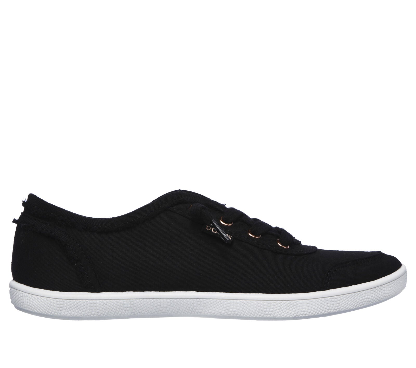 A womens casual shoe by Skechers, style Bobs D'Vine in black canvas, lace fastening. Right side view.