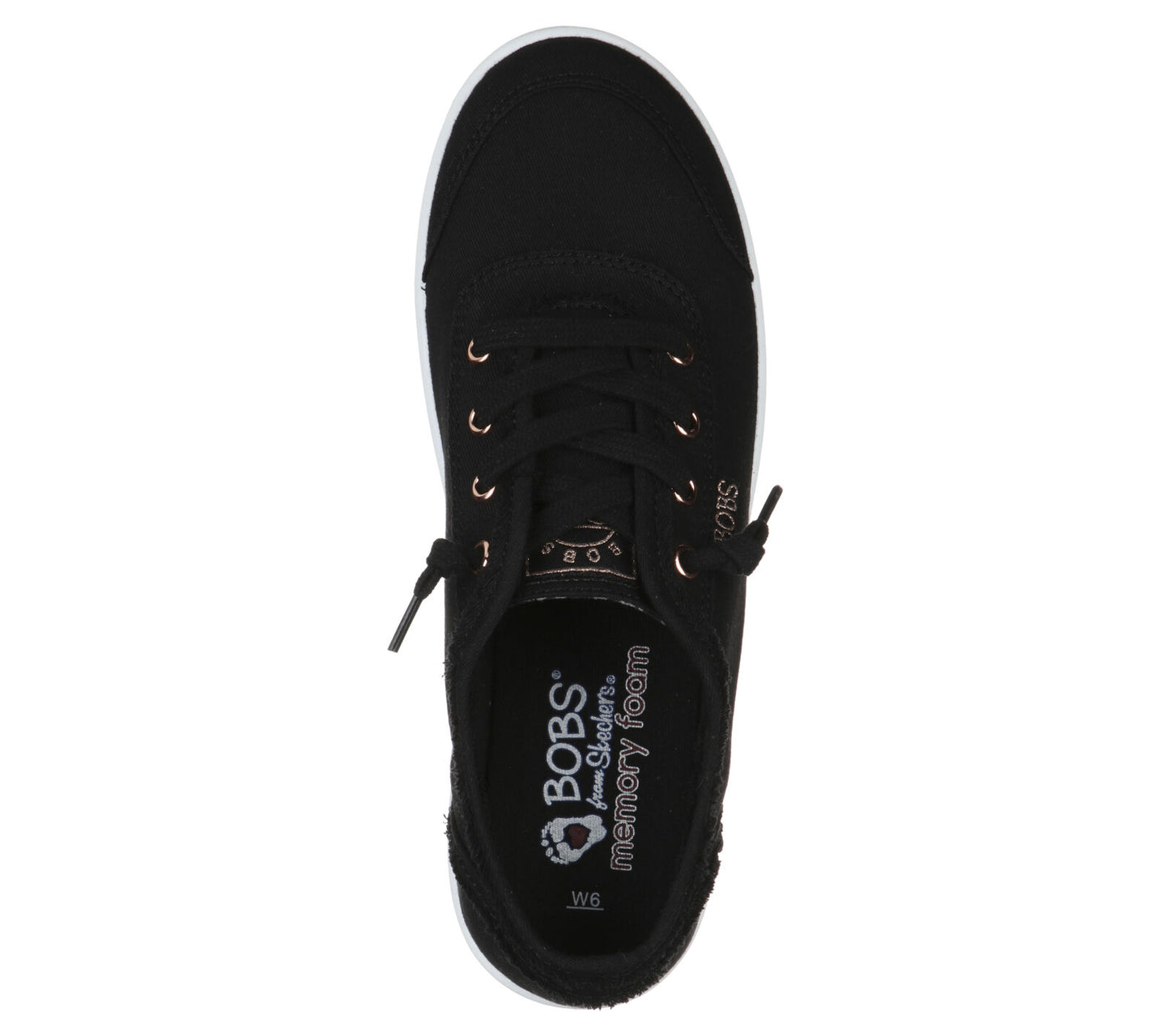 A womens casual shoe by Skechers, style Bobs D'Vine in black canvas, lace fastening. Top view.