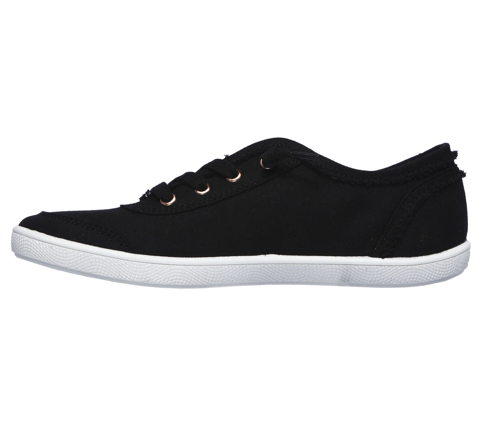 A womens casual shoe by Skechers, style Bobs D'Vine in black canvas, lace fastening. Inside view.