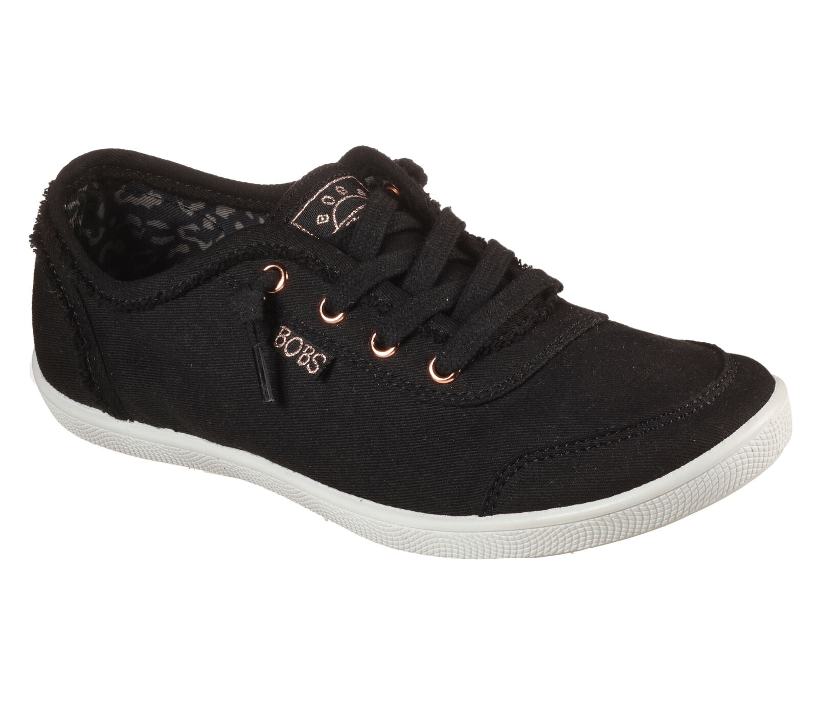 A womens casual shoe by Skechers, style Bobs D'Vine in black canvas, lace fastening. Right angled view.