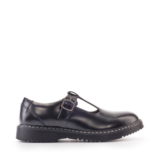 A girls T-Bar school shoe by Start-Rite, style Envisage, in black hi shine leather with buckle fastening. Right side view.