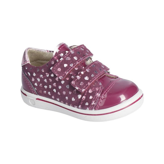 A girls shoe by Ricosta, style Lenie, double velcro fastening  in merlot with heart print. Right side view.