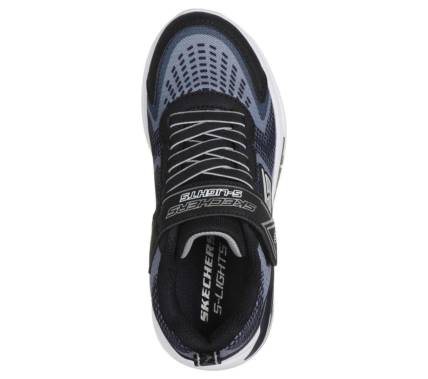 Skechers S Lights Tri-Namics, a boys light-up trainer in black with grey/black textile print, featuring Skechers branding. Velcro fastening with flat bungee laces. Top view.