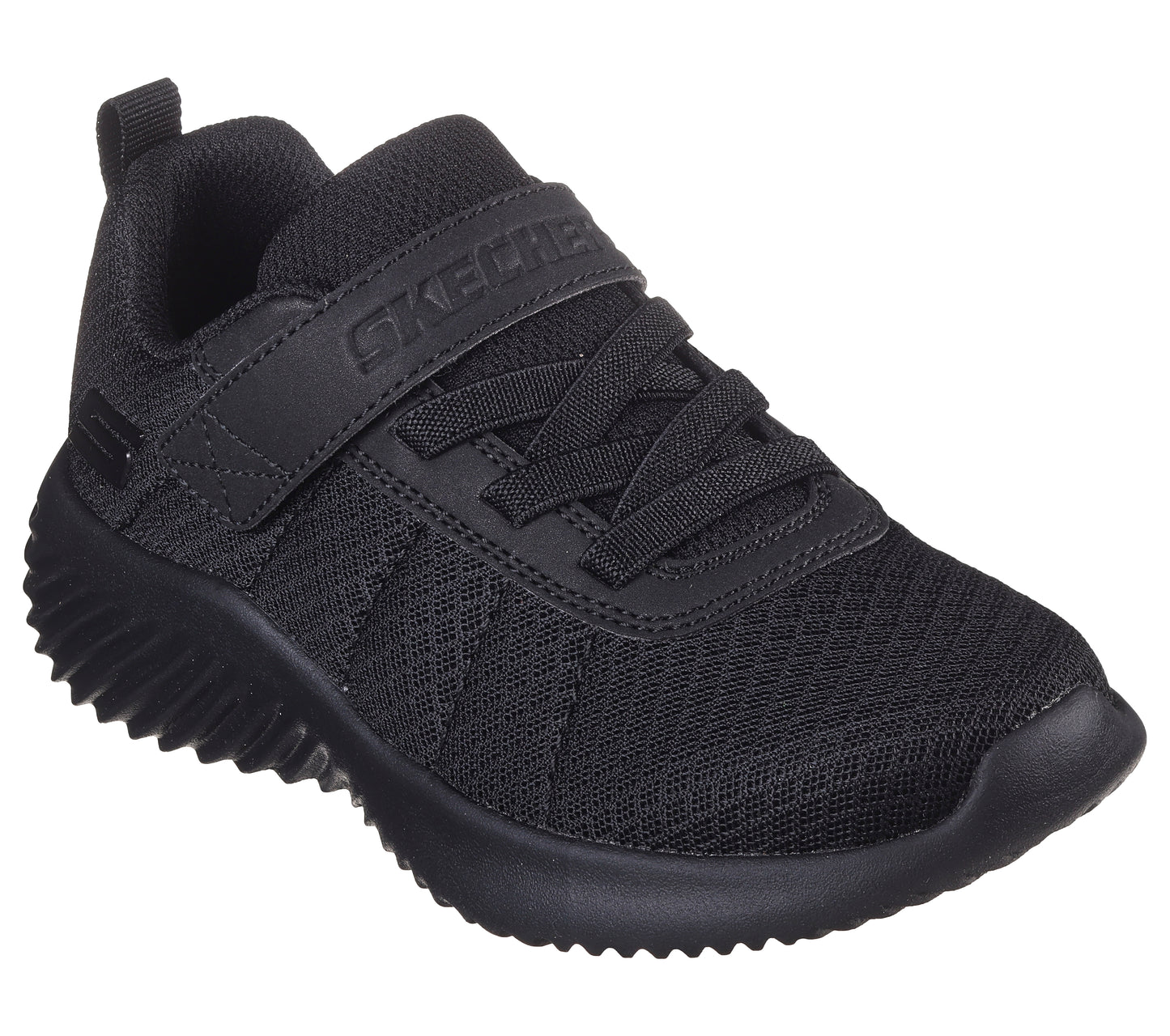 A unisex trainer by Skechers, style Bounder Baronik, in black synthetic with single velcro fastening and bungee laces. Right side view.