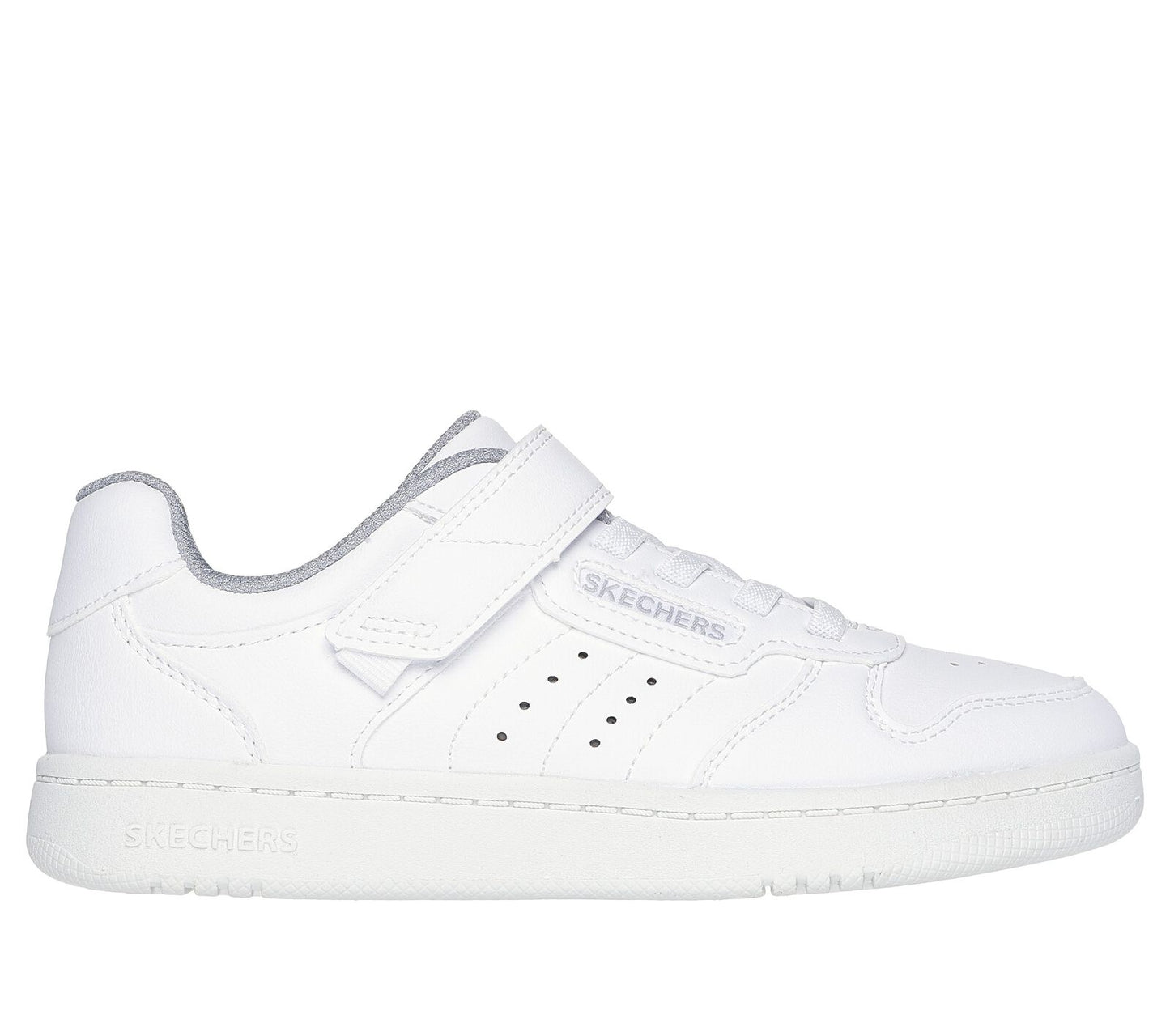 Skechers Quick Street, a sporty white trainer with grey lining, featuring the Skechers logo. Velcro fastening with flat stretch bungee laces. Right side view.