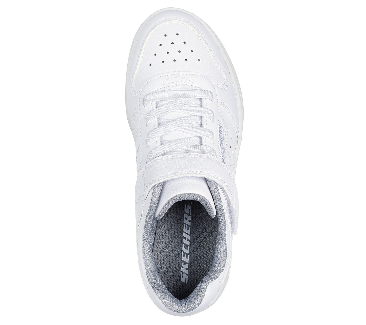 Skechers Quick Street, a sporty white trainer with grey lining, featuring the Skechers logo. Velcro fastening with flat stretch bungee laces. Top view.