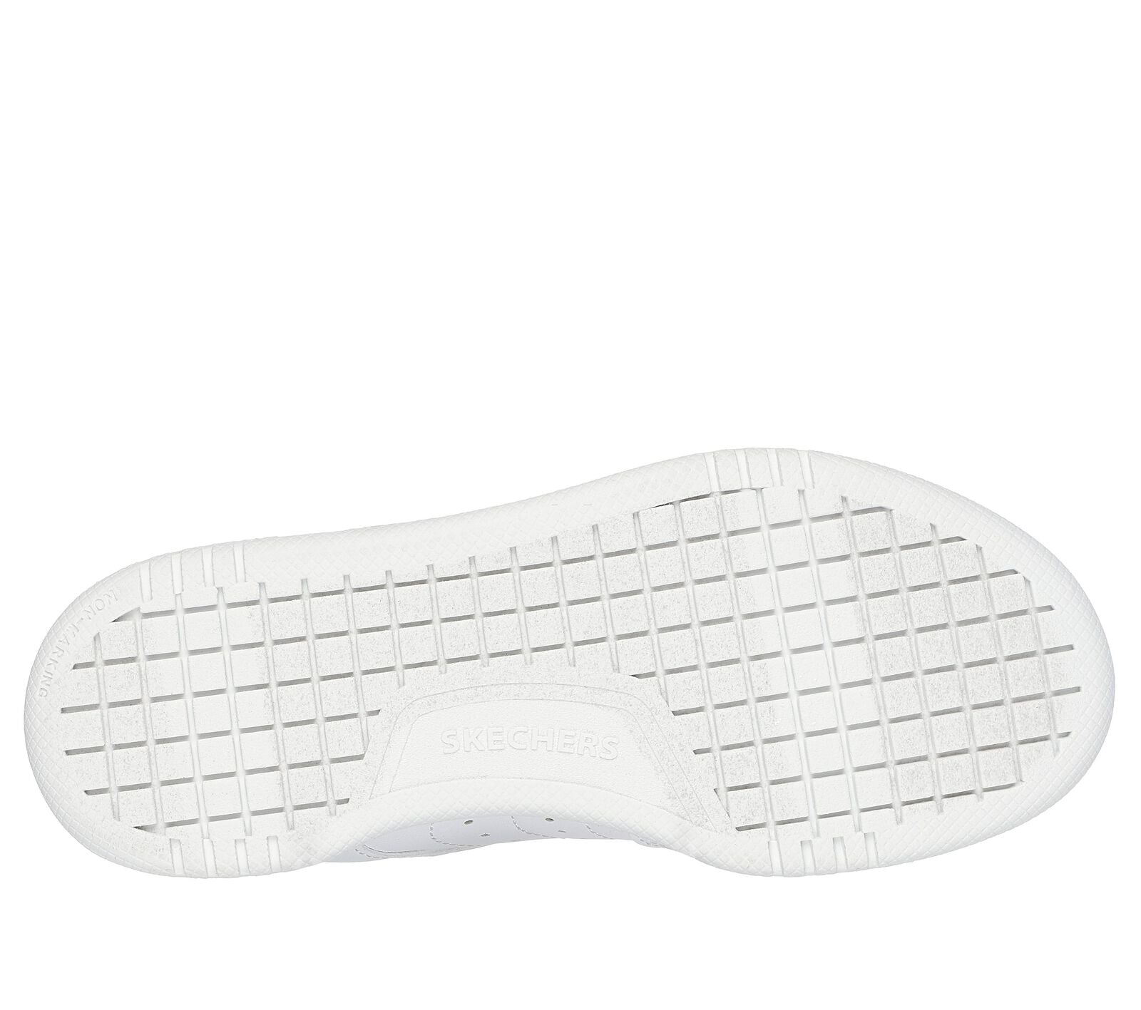 Skechers Quick Street, a sporty white trainer with grey lining, featuring the Skechers logo. Velcro fastening with flat stretch bungee laces. Sole view.