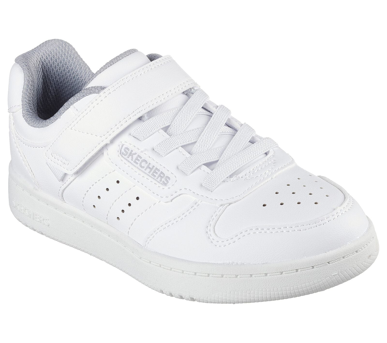 Skechers Quick Street, a sporty white trainer with grey lining, featuring the Skechers logo. Velcro fastening with flat stretch bungee laces. Right angled view.