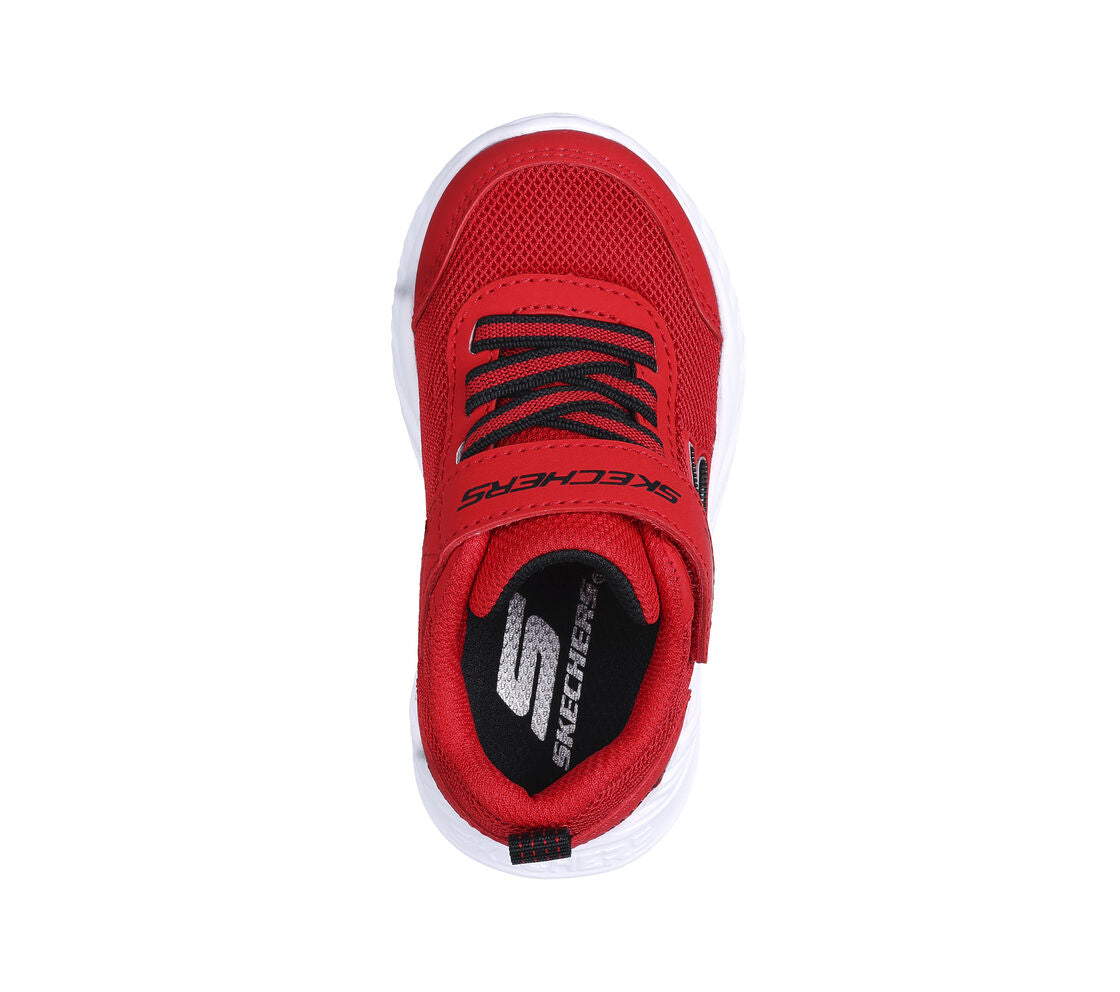 A boys trainer by Skechers, style Nitro Sprint Rowzer, in red and black synthetic with bungee lace and velcro fastening. View from above.