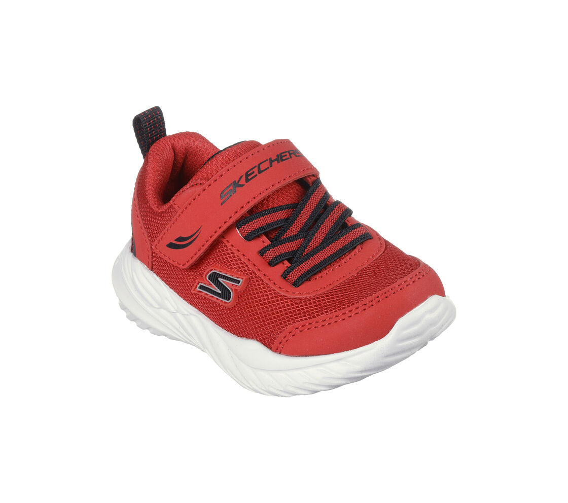 A boys trainer by Skechers, style Nitro Sprint Rowzer, in red and black synthetic with bungee lace and velcro fastening. Angled view.