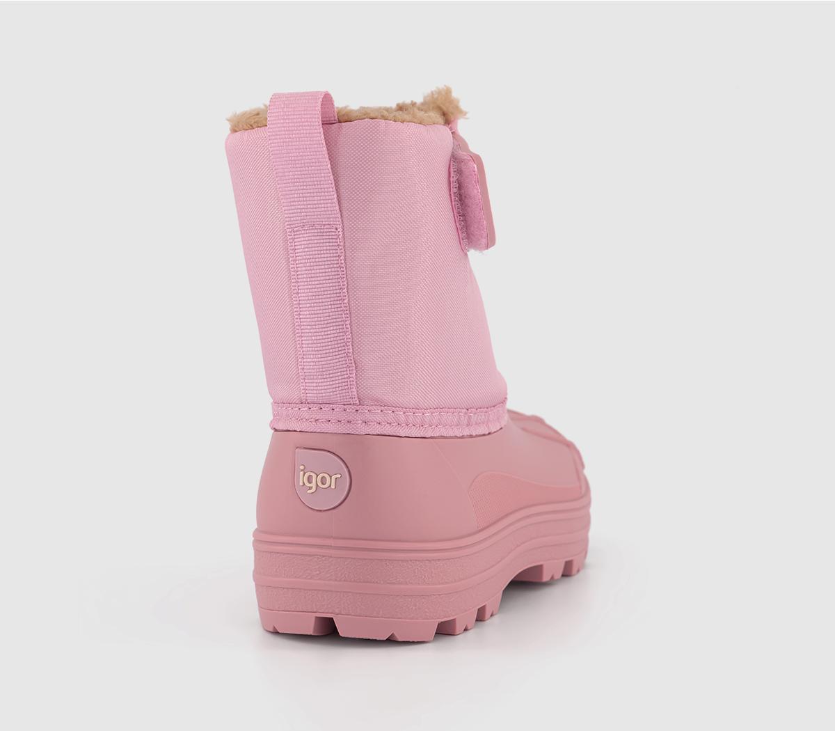 A pair of girls lined snow boots by Igor, style Neu, in pink with velcro fastening. Angled view of back.