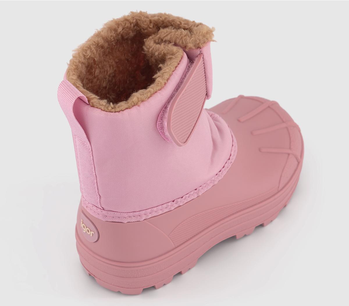 A pair of girls lined snow boots by Igor, style Neu, in pink with velcro fastening. Angled view from above.