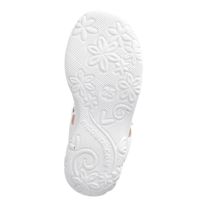 A girls open toe sandal by Ricosta, style Celina in iridescent white with velcro fastening. View of sole.