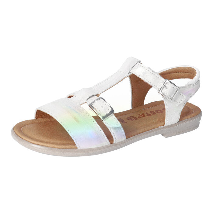 A girls open toe sandal by Ricosta, style Kalja in bianco rainbow, with velcro fastening. Left angled view.