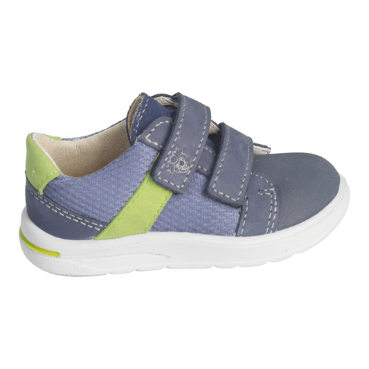 A boys velcro shoe by Ricosta, style Riley in navy and green. Right side view.