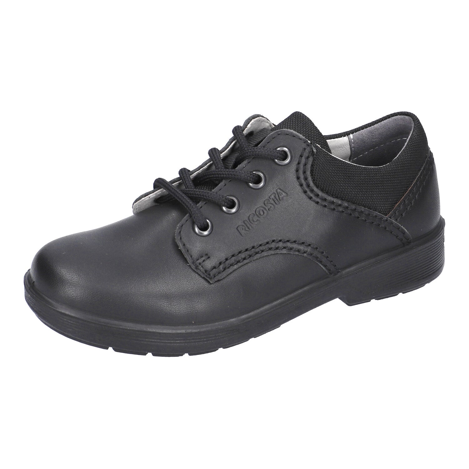 A boys school shoe by Ricosta, style Harry, black leather lace-up. Left angled view.