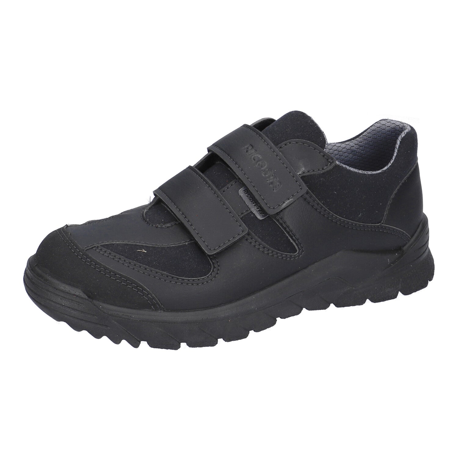 A boys school shoe by Ricosta, style Niro, black leather velcro. Right view.