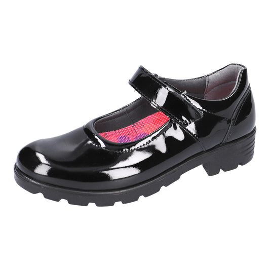 A girls Mary Jane school shoe by Ricosta, style Nora in black patent, velcro fastening. Right foot side view.