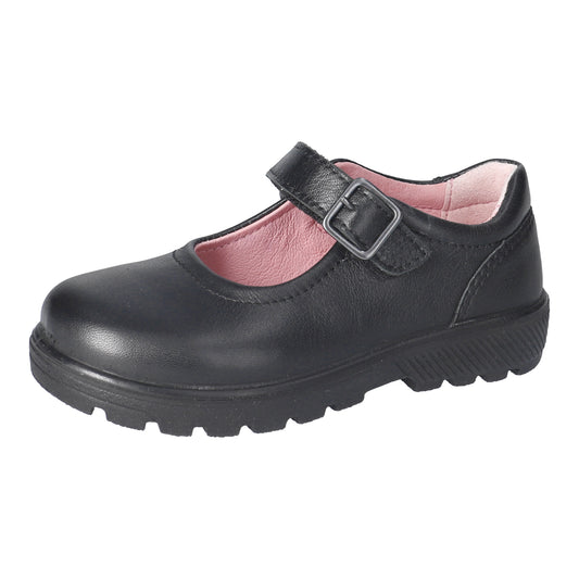 A girls Mary Jane school shoe by Ricosta, style Alice in black leather, buckle fastening. Left angled view.