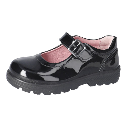 A girls Mary Jane school shoe by Ricosta, style Alice in black patent, buckle fastening. Left angled view.