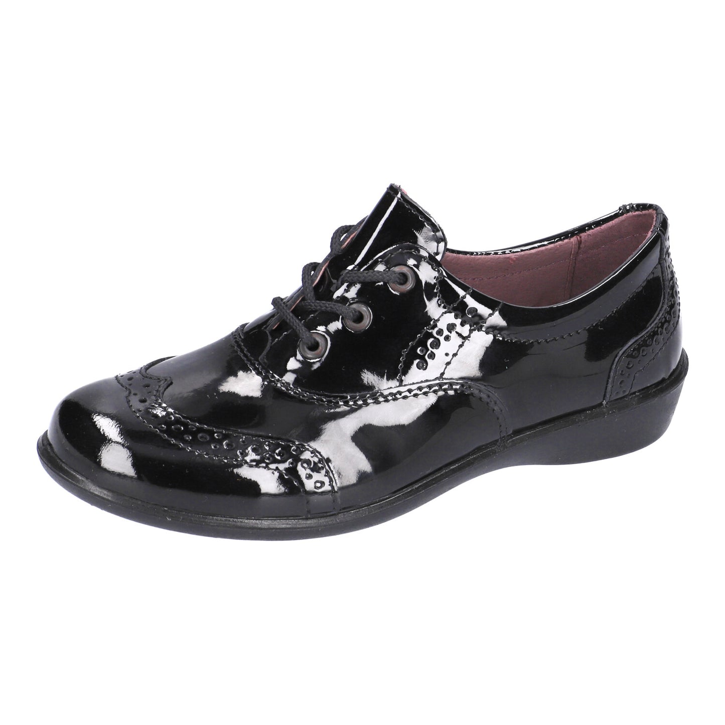 A girls lace up school shoe by Ricosta, style Kate in black patent, lace fastening. Left angled view.