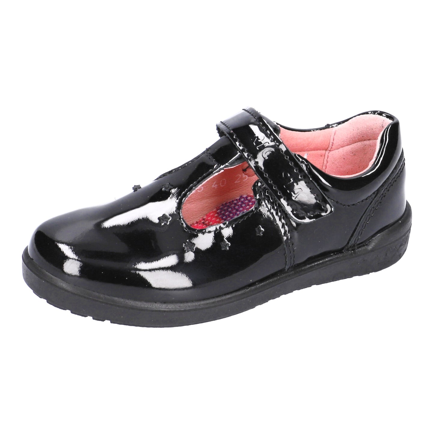 A girls T-bar school shoe by Ricosta, style Scarlett in black patent, velcro fastening. Left angled view.