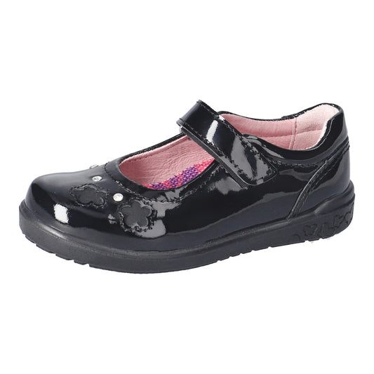 A girls school shoe by Ricosta, style Leya, in black patent with velcro strap. Left side view.