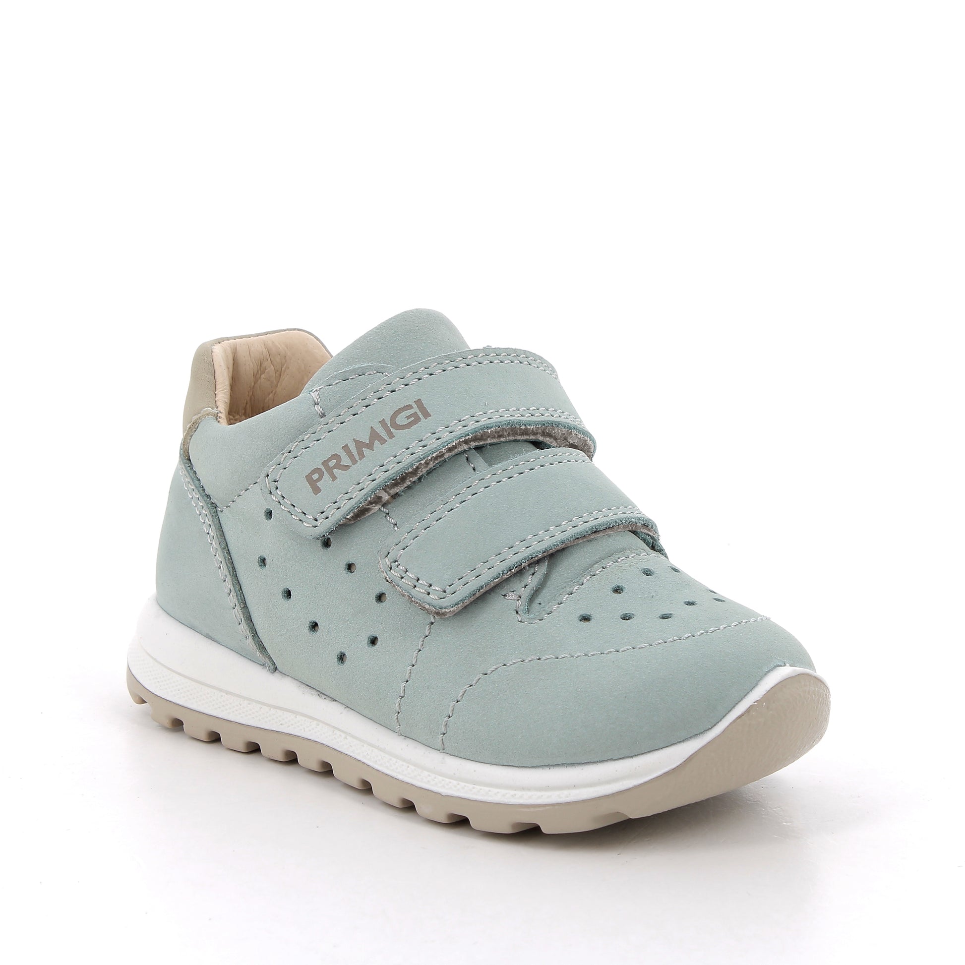 A girls trainer by Primigi, style Baby Tiguan 5855744, in pale green nubuck with velcro fastening. Angled view.